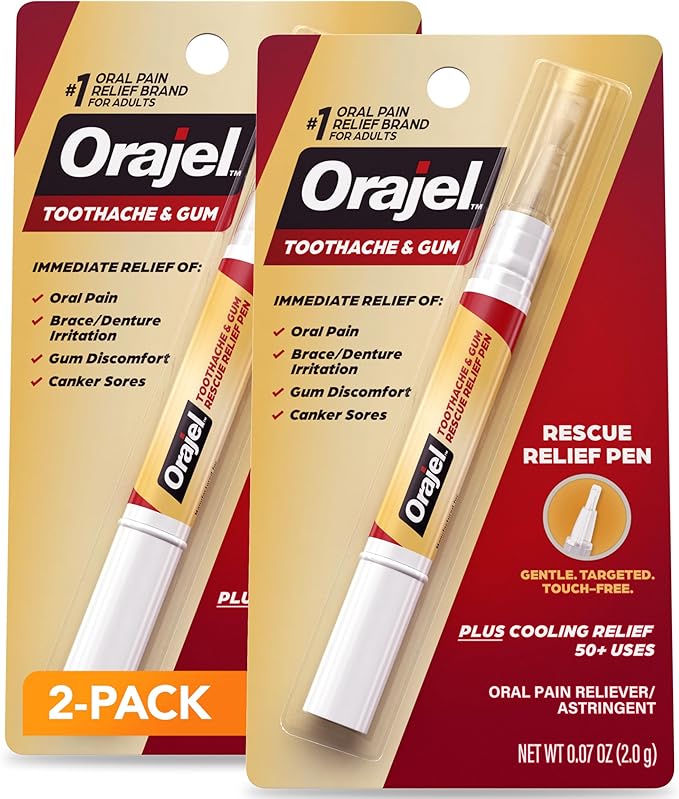 Orajel Rescue Relief Pen with Menthol Cooling Gel for Instant Pain Relief of Tooth & Gum, Mouth Sores, Braces and Denture Irritation, Touch-Free Silicone Applicator, 0.07 oz (2-Pack)