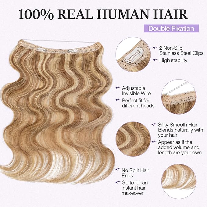 Halo Hair Extensions Real Human Hair,Halo Hair Extension 100% Human Hair,Wire Hair Extensions,Wavy Golden Brown Mixed Bleach Blonde,22 inch/75g