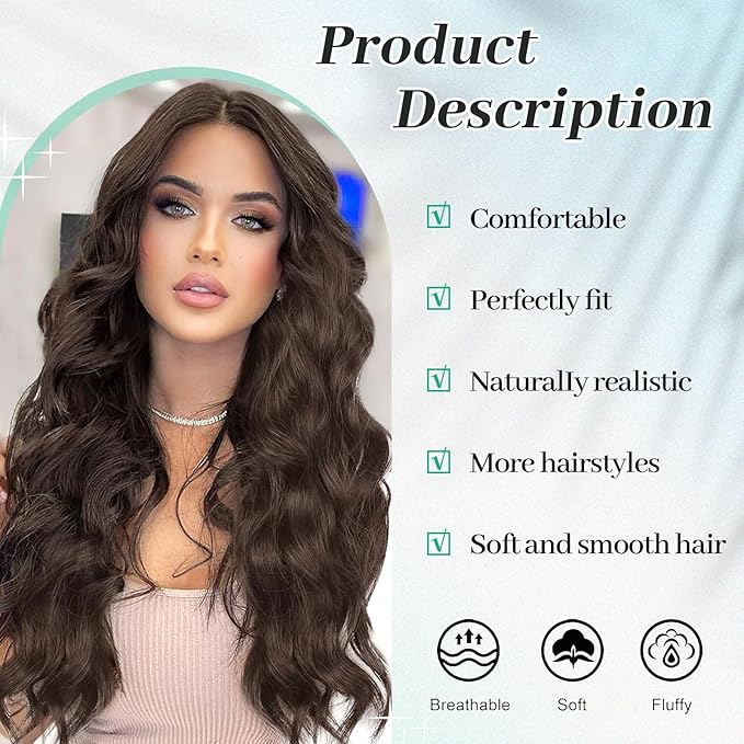 KooKaStyle Clip in Hair Extensions for Women with Thinning Hair，7PCS 20 Inch Thick Long Wavy Hair Extensions Clip Ins，Chocolate Brown with Dark Brown Synthetic Hairpiece for Daily Use Voluminous Look