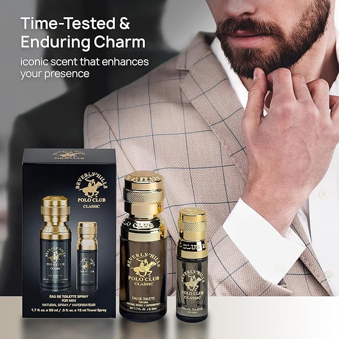 Beverly Hills Polo Club Men's Classic Eau De Toilette Bonus Pack - 1.7 oz EDT + Travel 0.5 oz Cologne Spray for Him - Long Lasting, Authentic Scent