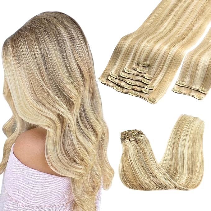 GOO GOO Clip in Hair Extensions Real Human Hair, Remy Human Hair Extensions Clip ins for Women, Natural Human Hair, 14inch 150g 9Pcs, 18A/613A Dark Blonde Highlighted Bleach Blonde