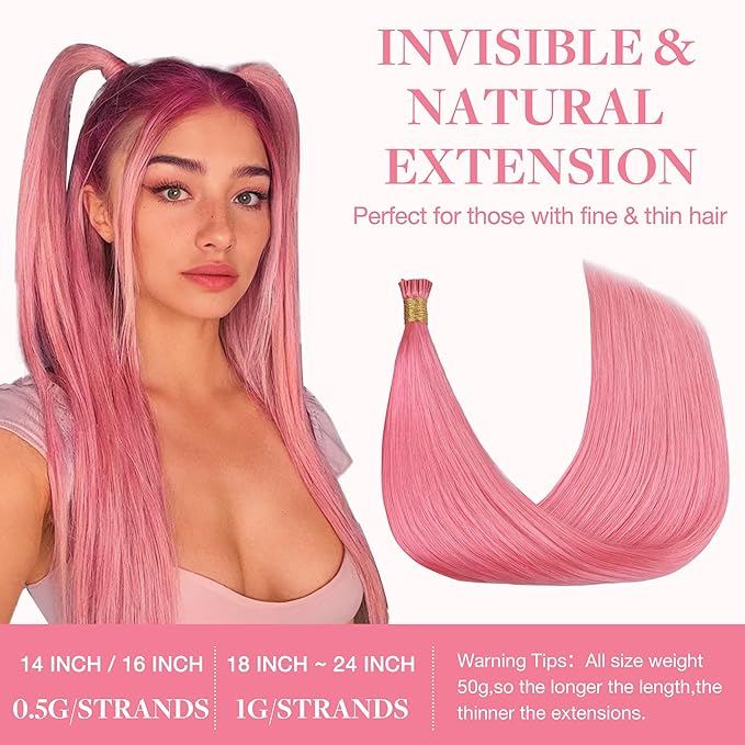 GOO GOO Colored I Tip Hair Extensions, Real Human Hair, 16inch 50g 100S, Cold Fusion I Tip, Invisible Remy, Peach Pink