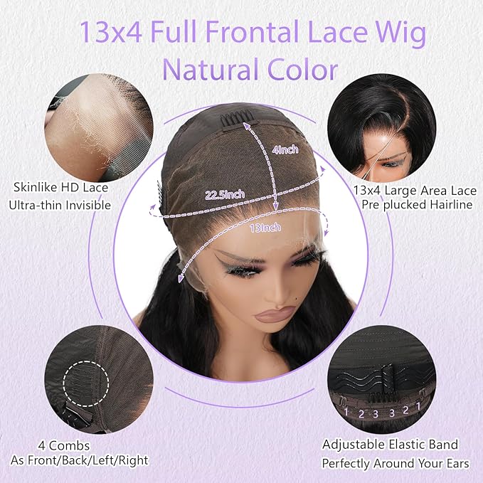 Body Wave Lace Front Wig Human Hair SKINLIKE HD Lace Wigs 13x4 Full Frontal Lace Wig 0.10mm Ultra-thin Invisible Swiss HD Lace Front Wigs Frayed Ends Tiny Knots 200% Density Natural Color