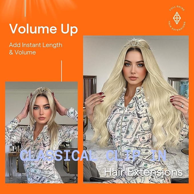 Full Shine Platinum Blonde Clip in Hair Extensions 22 Inch Hair Clip in Extensions Blonde Seamless Hair Extensions Remy Human Hair 7 Pcs 120 G