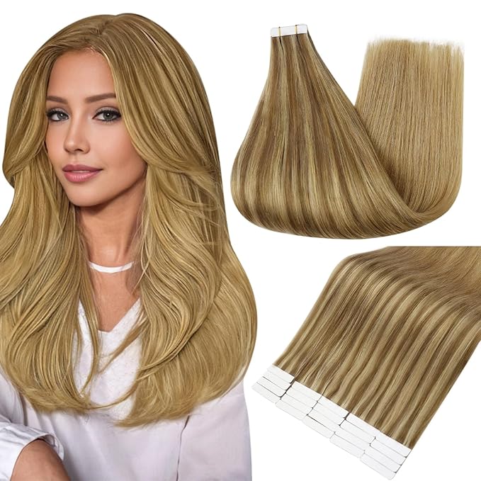 Full Shine Human Hair Extensions Tape in Color 10 Golden Brown and 16 Golden Blonde to 16 Blonde 14 Inch Invisible Seamless Tape in Hair Extensions Human Hair 20PCS 50 Grams Add Volume