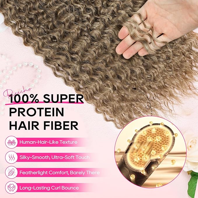 REECHO Hair Extensions - 4PCS 20" Water Wave Clip in Hair Extensions 100% Super Protein Silky Soft Natural Look with Invisible Lace Weft Hairpieces for Women - Golden Walnut