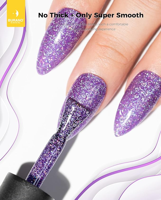 BURANO Glitter Gel Nail Polish - LED UV Curing Holographic Effect Sparkle Gel - Purple LP26