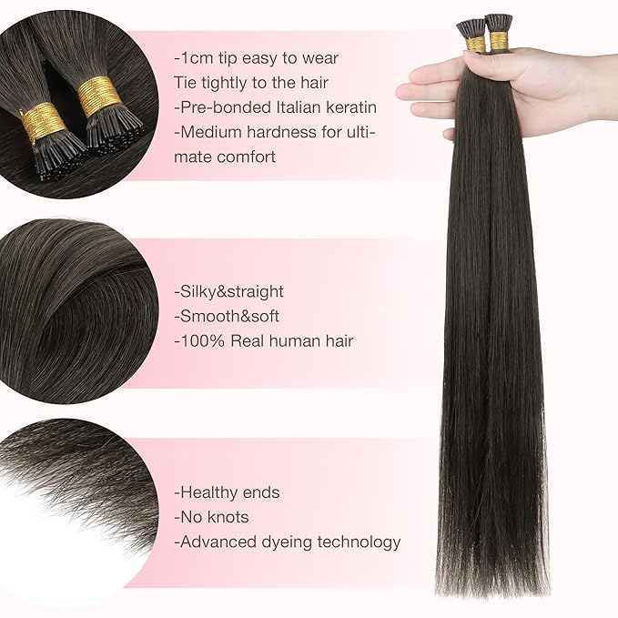 GOO GOO I Tip Hair Extensions, Real Human Hair, 16inch 100g 200S, Cold Fusion, Invisible Remy, 1C Mocha Brown
