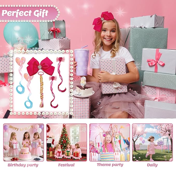 6 PCS Tinsel Hair Extensions for Girls, Pink Hair Clips for Toddler Girl, Princess Dress up Hair Pieces, Cute Gifts and Costume Hair Accessories Set for Little Princess (Doll-Inspired)