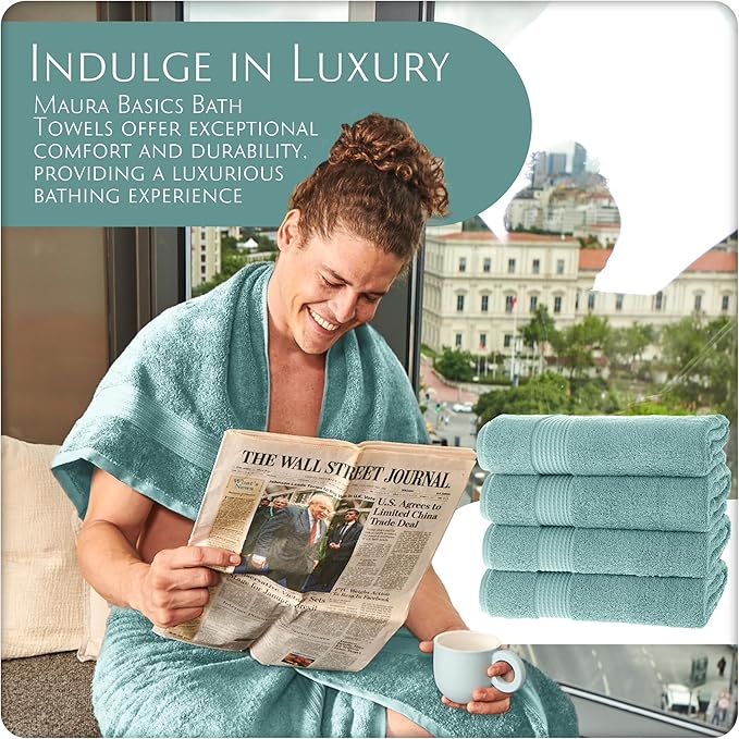 MAURA Basics Performance Bath Towels 100% Turkish Cotton with Hook Loops. Extra Large Luxury Absorbent Plush Towel Sets for Bathroom, Daily Use American Standard Size 27”x54”,Seafoam