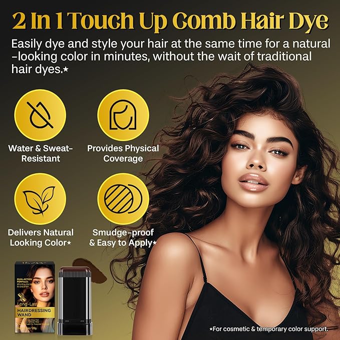 Hair Color Stick, 2 in 1 Instant Dye, Hair Dye Stick, Safe Portable Color Touch-Up Hair Sticks, Cover Gray Hair Color Correction Sticks for Women & Men, Waterproof and Sweat-Proof, 2Pack (Dark Brown)