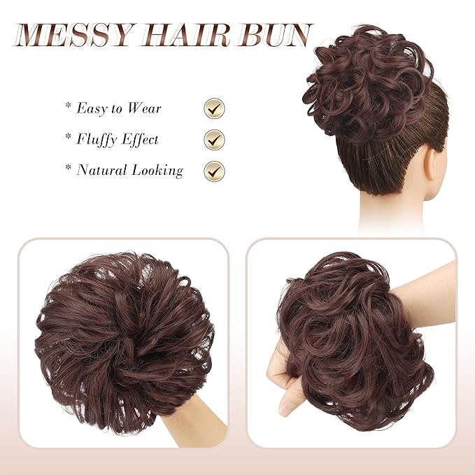 FESHFEN Messy Bun Hair Piece - Elastic Wavy Curly Hair Bun Scrunchies Extensions Synthetic Chignon Hairpieces for Women Girls, Dark Auburn 1.5 oz