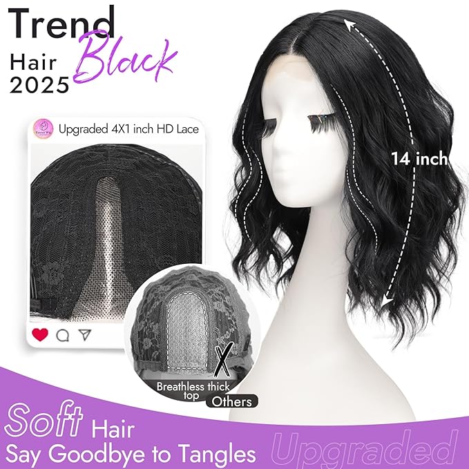 Black Short Wavy Wig for Women Lace Hairline Bob Style Synthetic Heat Resistant - Natural Appearance for Everyday Hairstyle 14 Inch