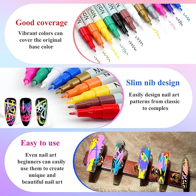 12 Colors Nail Art Marker Pens, Water Based Nail Art Pens for Painting Nail Point Graffiti Dotting Liner Pen for Home Salon Quick Dry Manicure