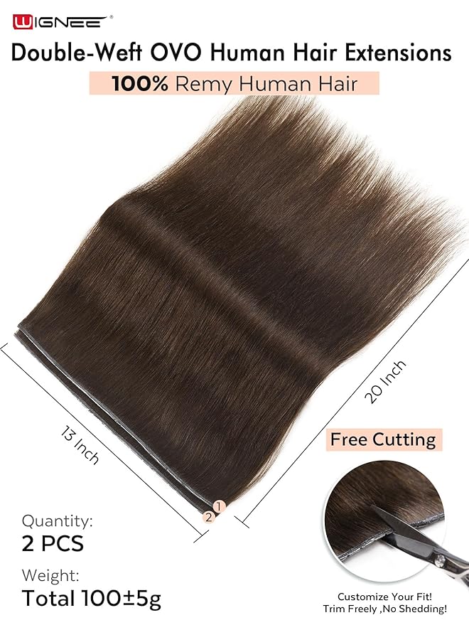 WIGNEE Double Invisible PU OVO Human Hair Extensions 100% Remy Hair Weft Brown Hair Extensions Human Hair 2 PCS 20 Inch No Glue Genius Micro Bead Real Human Hair Extensions (2)