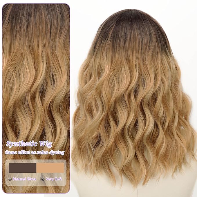 AISI HAIR 14 Inch Dark Brown Ombre Blonde Wigs for Women - Shoulder Length Wave Wig with Pre-Cut Lace Hairline, Middle Part Natural Wavy Bob Synthetic Heat Resistant Fiber for Daily and Party