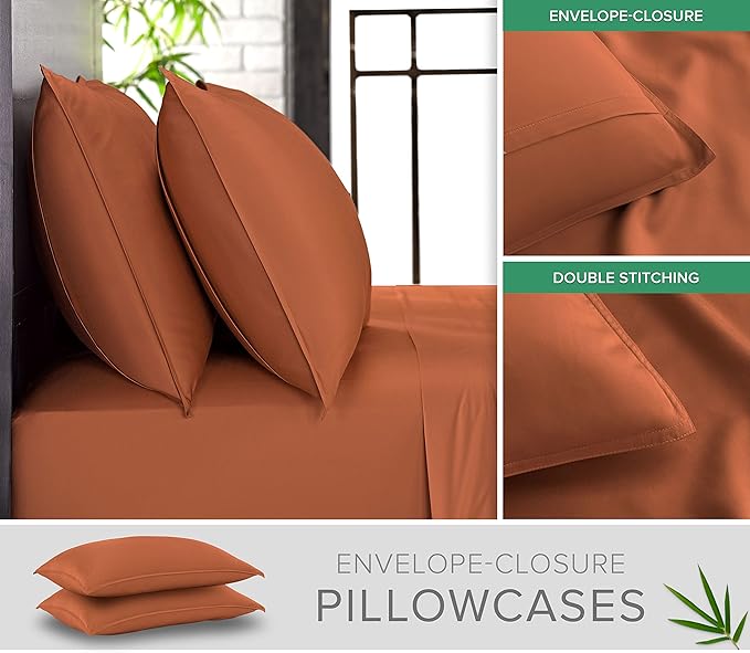 Pure Bamboo Split King Sheets, Genuine 100% Organic Viscose Derived from Bamboo Bed Sheet Set, Soft & Cooling, Double Stitching, 2 Fitted Sheets (Split King, Terracotta)