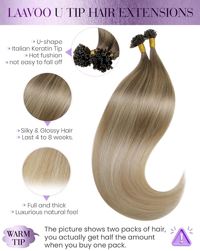 LaaVoo K Tip Hair Extensions Real Human Hair U Tip Hair Extensions Light Brown to Ash Blonde Mix Platinum Blonde Balayage Ktip HumanHair Extensions 100g 1g/s 24 inch