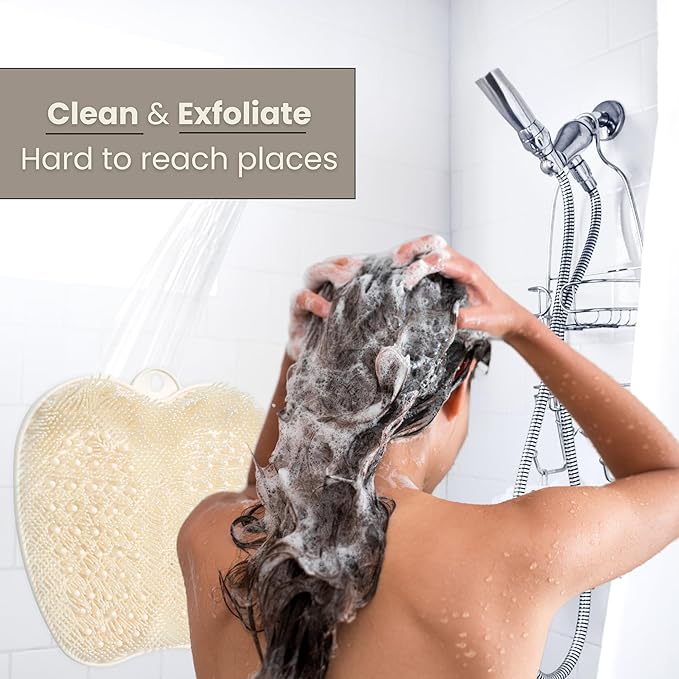 Foot Scrubber Mat with Suction Cups - Silicone Body Scrubber for Back or Feet, Ivory Shower Mat for Ground or Wall, Valentines Day Gifts for Men or Women, 11 x 11 inches (Ivory)