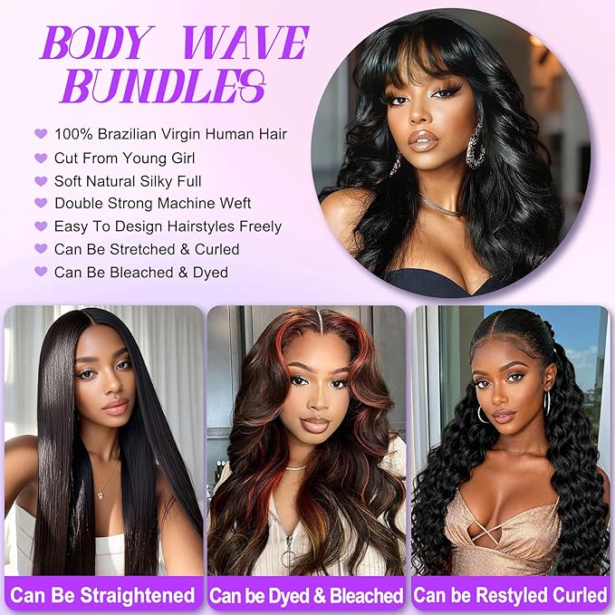 Brazilian Virgin Hair 12A Grade Body Wave Bundles 100% Unprocessed Virgin Remy Body Wavy Human Hair Bundles 16 18 20 22 Inch Body Wave Human Hair Extensions Real Human Hair for Women