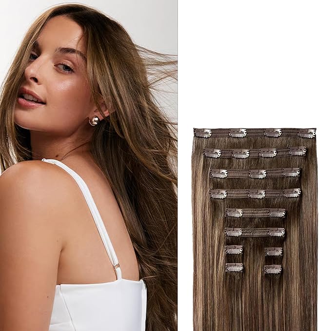 Luxy 100% Remy Human Hair, Classic 160g Clip-In Hair Extensions- 10 Wefts Multi-Dimensional Color for Natural Blending, Adds Volume & Length, Easy Apply & Remove 16" Dimensional Rooted Sunkissed Brown