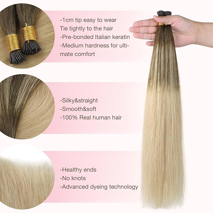GOO GOO I Tip Hair Extensions, Real Human Hair, 16inch 100g 200S, Cold Fusion, Invisible Remy, 4/18 Balayage Chocolate Brown Highlighted Dirty Blonde