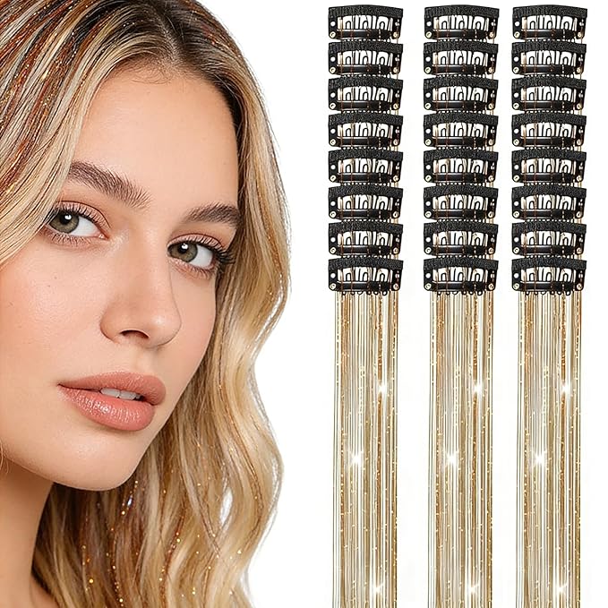 24PCS Clip in Hair Tinsel Champagne, Clip on Hair Tinsel Hair Extensions for Girls and Women, 50cm/19.7inches