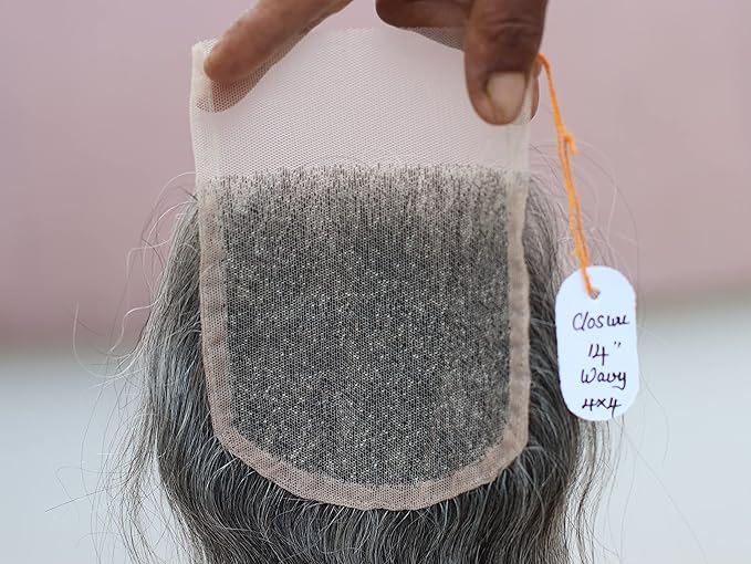 4x4 Closure 14" Salt & Pepper/Natural Gray Transparent Lace Hand Made with 100% Natural Indian Virgin Temple Raw Hair