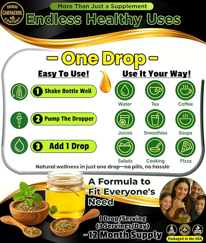 Organic Oregano Oil Drops - 1,000 Servings, 12 Month Supply, Wild Oil of Oregano 9X Carvacrol, Immune & Digestive Support, Non-GMO, Food Grade Herbal Supplement, Alternative to oil of Oregano Tincture