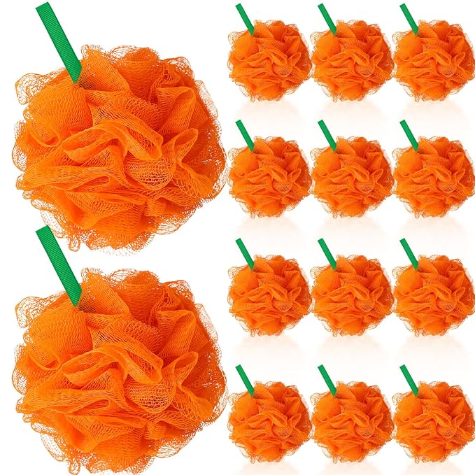 12 Pcs Christmas Bath Loofah Sponge Red Green Loofah Exfoliating Body Scrubber Shower Sponge 50g Mesh Shower Pouf Balls Gift Set for Women Men Bathing Accessories(Orange)