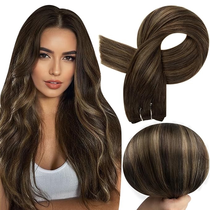 Full Shine Weft Extensions Hair Extensions Real Human Hair Balayage Dark Brown To Light Brown Mix Dark Brown Sew In Hair Extensions Double Weft Human Hair 80G 12 Inch