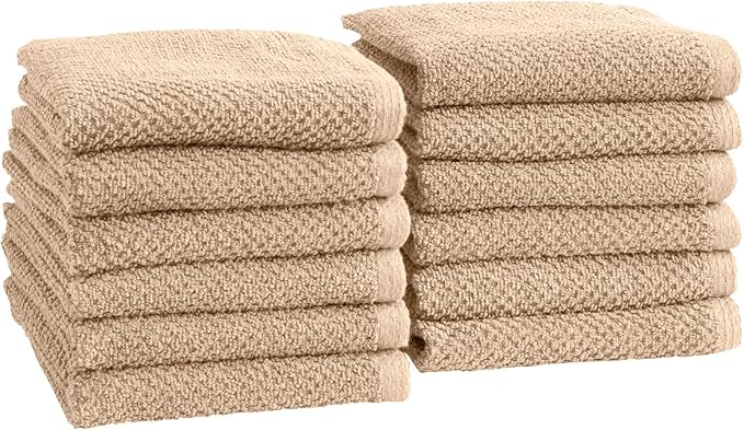 Great Bay Home 100% Cotton 12-Pack 13x13 Wash Cloth - Absorbent, Quick-Drying, Durable Face Towels for Bathroom Decor - Low-Twist, Two-Ply Fibers (Taupe)