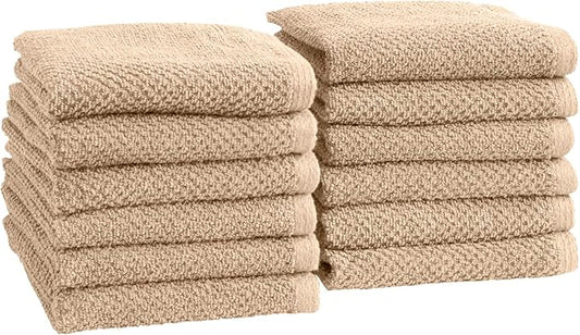 Great Bay Home 100% Cotton 12-Pack 13x13 Wash Cloth - Absorbent, Quick-Drying, Durable Face Towels for Bathroom Decor - Low-Twist, Two-Ply Fibers (Taupe)