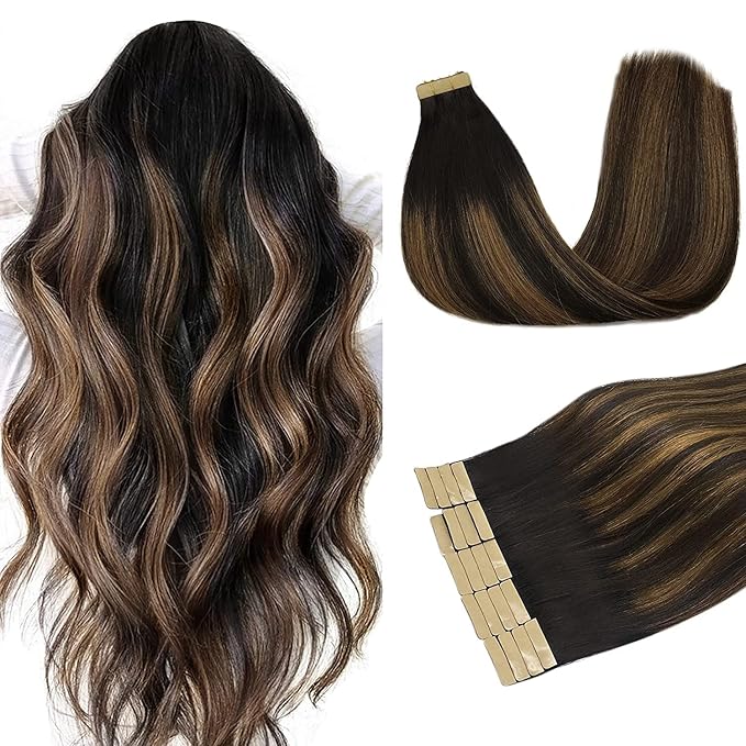 DOORES 22 Inch Human Hair Extensions Balayage Natural Black to Chestnut Brown Real Tape in Hair Extensions Seamless Straight Tape in Hair Extensions 50g 20pcs