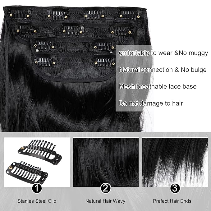 Clip in Hair Extensions Black Hair Extensions Clip ins 20 Inch Long Wavy Thick Hairpieces for Women Natural Synthetic Fiber Double Weft 4 Pcs