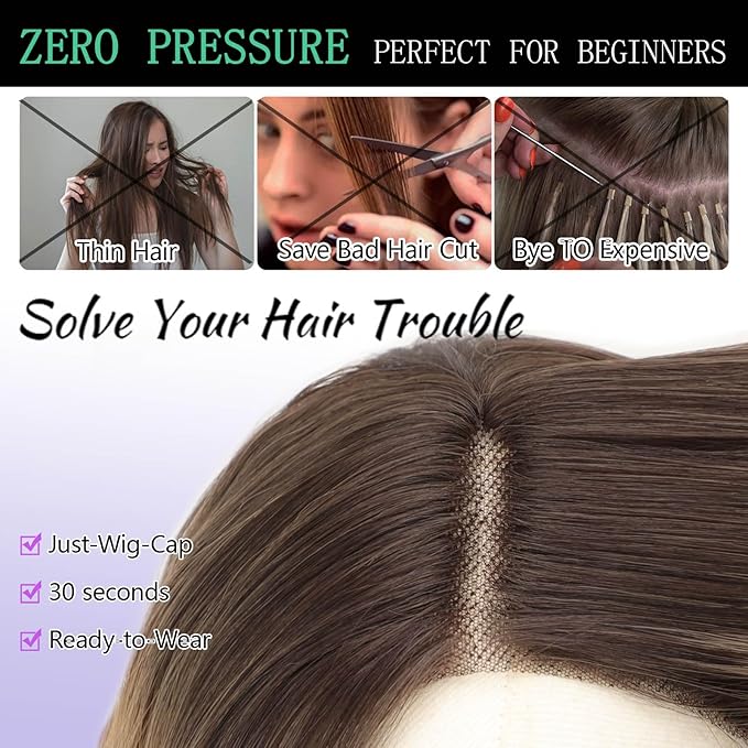 AISI HAIR 14 Inch Dark Brown Ombre Blonde Wigs for Women - Shoulder Length Wave Wig with Pre-Cut Lace Hairline, Middle Part Natural Wavy Bob Synthetic Heat Resistant Fiber for Daily and Party