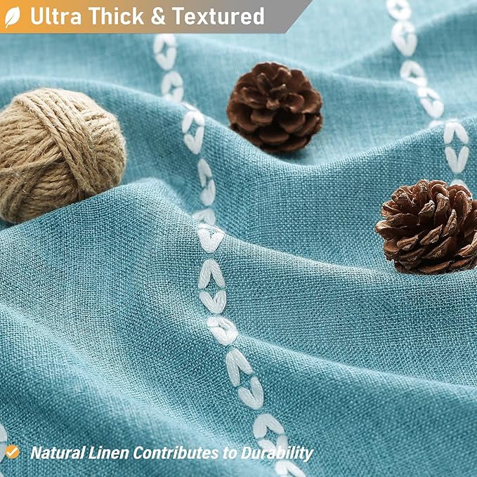 BTTN Extra Long Shower Curtain, 72x84 Boho Rustic Striped Linen Fabric Shower Curtain Set with Tassel, Tall Farmhouse Luxury Water Resistant Cloth Shower Curtain for Bathroom with Hooks, Teal