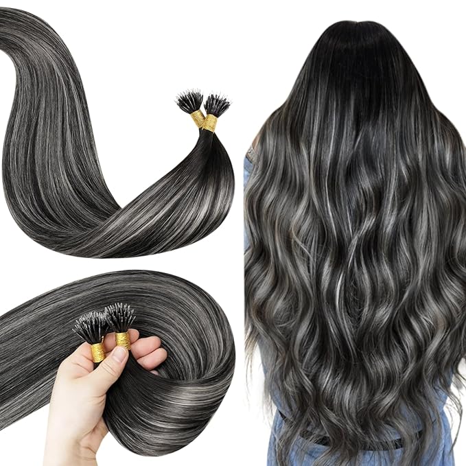 LaaVoo Nano Ring Hair Extensions Black Nano Bead Hair Extensions Human Hair Balayage Black to Silver 50g/50s 24 in