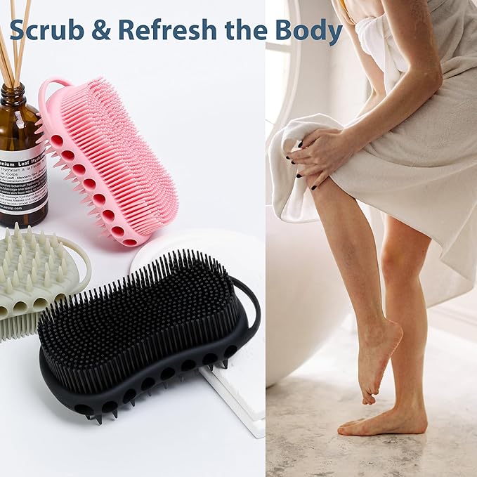 MtBoi Double-Sided Exfoliating Silicone Body Scrubber, 2-in-1 Bath Scrubber, Shampoo Brush, Silicone Loofah for All Skin Types, Shower Body Scrubber, Easy to Clean, Lather Well (Gray)