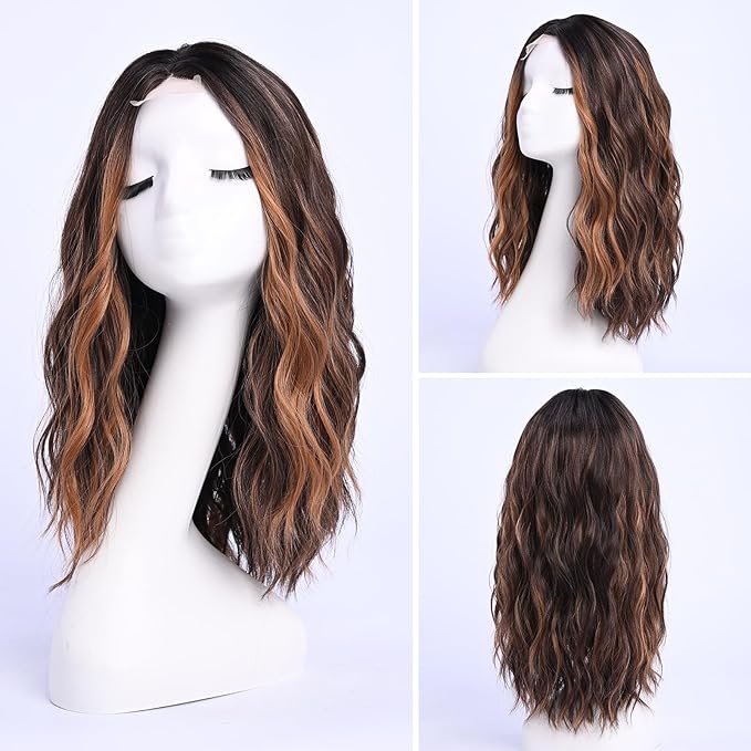 Brown with Highlight Medium Length Wigs for Women Dark Brown Mixed Gold Wig Middle Part Synthetic Hair Wigs Wavy Natural Hair for Daily Party Use Colourful Wig