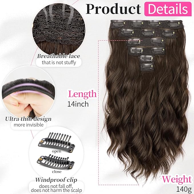 KooKaStyle Short Hair Extensions 6PCS 14 Inch Wavy Curly Hairpieces Synthetic Soft Lace Weft Clip in Hair Extensions-Chestnut Brown for Women