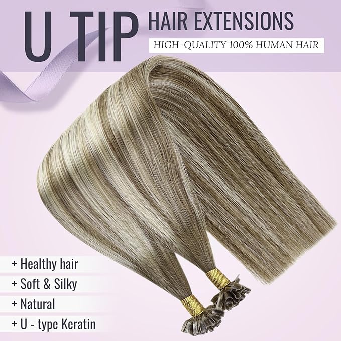 Fshine K Tips Hair Extensions Human Hair 18 Inch U Shape Keratin Tips Remy Brazilian Hair Chestnut Brown to Platinum Blonde Fusion Extensions 1g/Strand 50g/Pack