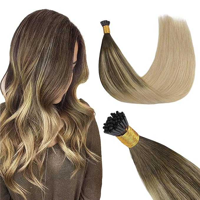 GOO GOO I Tip Hair Extensions Real Human Hair, 16inch 50g 100S, Cold Fusion I Tip Hair Extensions, Invisible Remy Hair Extensions, 4/18 Balayage Chocolate Brown Highlighted Dirty Blonde