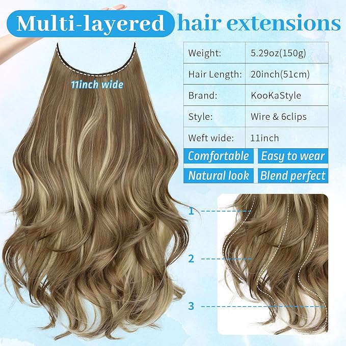 KooKaStyle Invisible Wire Hair Extensions Long Wavy Layered Synthetic with Transparent Wire Adjustable Size 6 Secure Clips Hairpieces for Women 20 Inch (Brown with Golden Blonde Highlight)