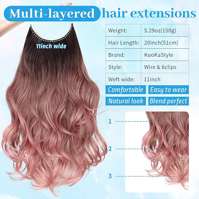 KooKaStyle Invisible Wire Hair Extensions Long Wavy Layered Synthetic Hairpieces with Transparent Wire Adjustable Size 6 Secure Clips Dark Brown to Dusty Rose Ombre for Women 20 Inch