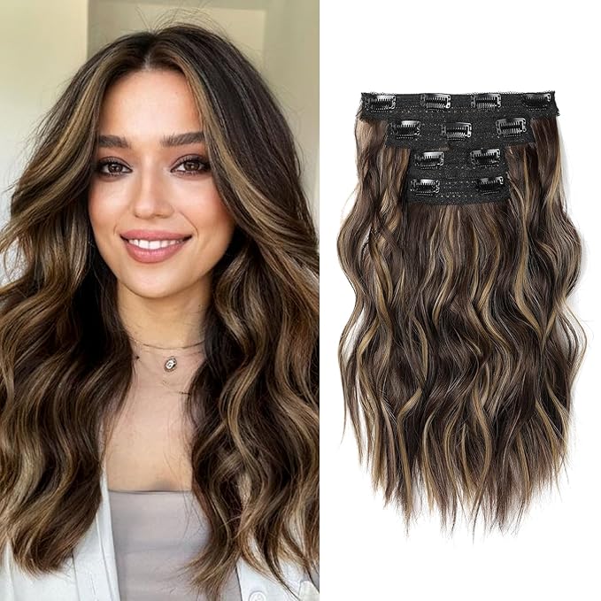 Hair Extensions, 14" Short Clip in Hair Extensions 4PCS Beach Wave Blonde Natural Soft Synthetic Hairpiece for Women - Dark Brown with Highlights
