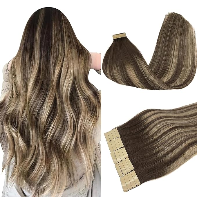 DOORES Human Hair Extensions Balayage Chocolate Brown to Honey Blonde 14 Inch 20pcs 50g Remy Tape in Hair Extensions Straight Seamless Skin Weft