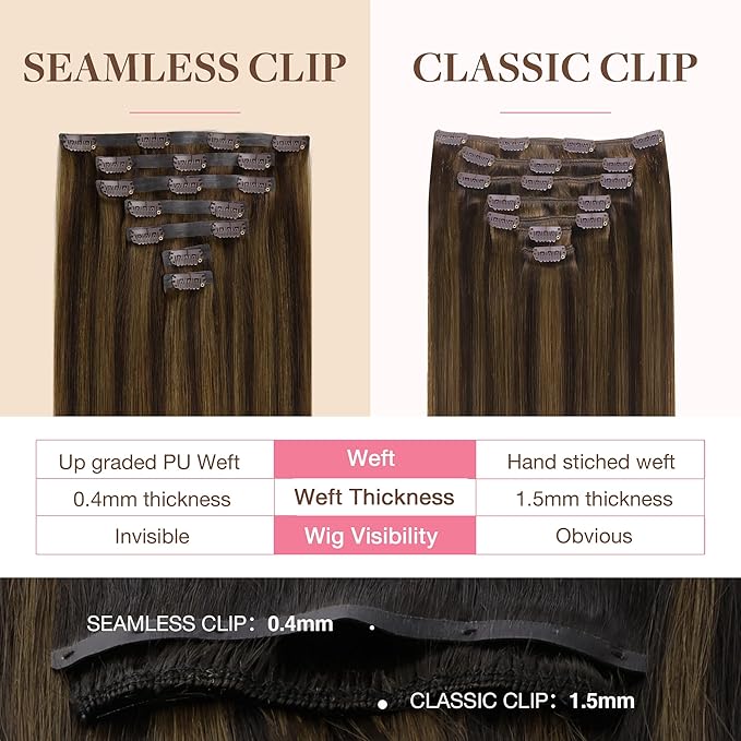 GOO GOO Clip in Hair Extensions Real Human Hair, Remy Human Hair Extensions Clip ins for Women, Natural Human Hair, 16inch 130g 7Pcs, 2C/4E/6C Brown Sugar Swirl Highlights