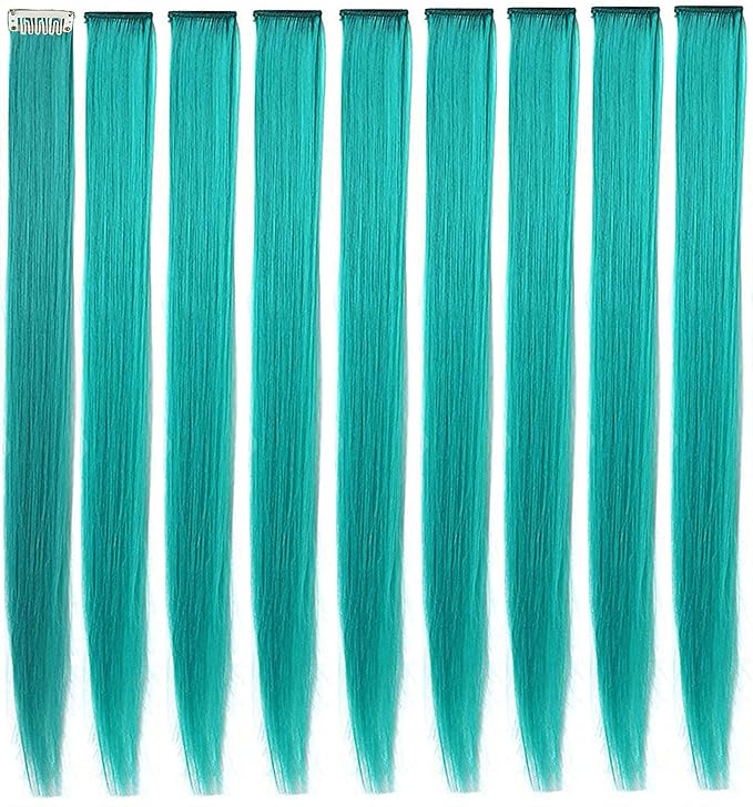 Rhyme 21'' 9PCS Princess Party Highlight Teal Hair Extensions Colored Hair Extensions Clip in/on for America Girls and Women Wig Hairpieces (Teal blue)