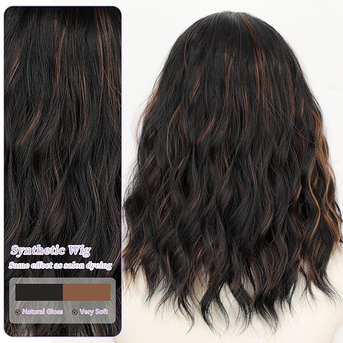 AISI HAIR 14 Inch Black Mix Brown Wigs for Women - Shoulder Length Wave Wig with Pre-Cut Lace Hairline, Middle Part Natural Wavy Bob Synthetic Heat Resistant Fiber for Daily and Party